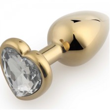 Малая анальная пробка с кристаллом в форме сердца золотой, прозрачный